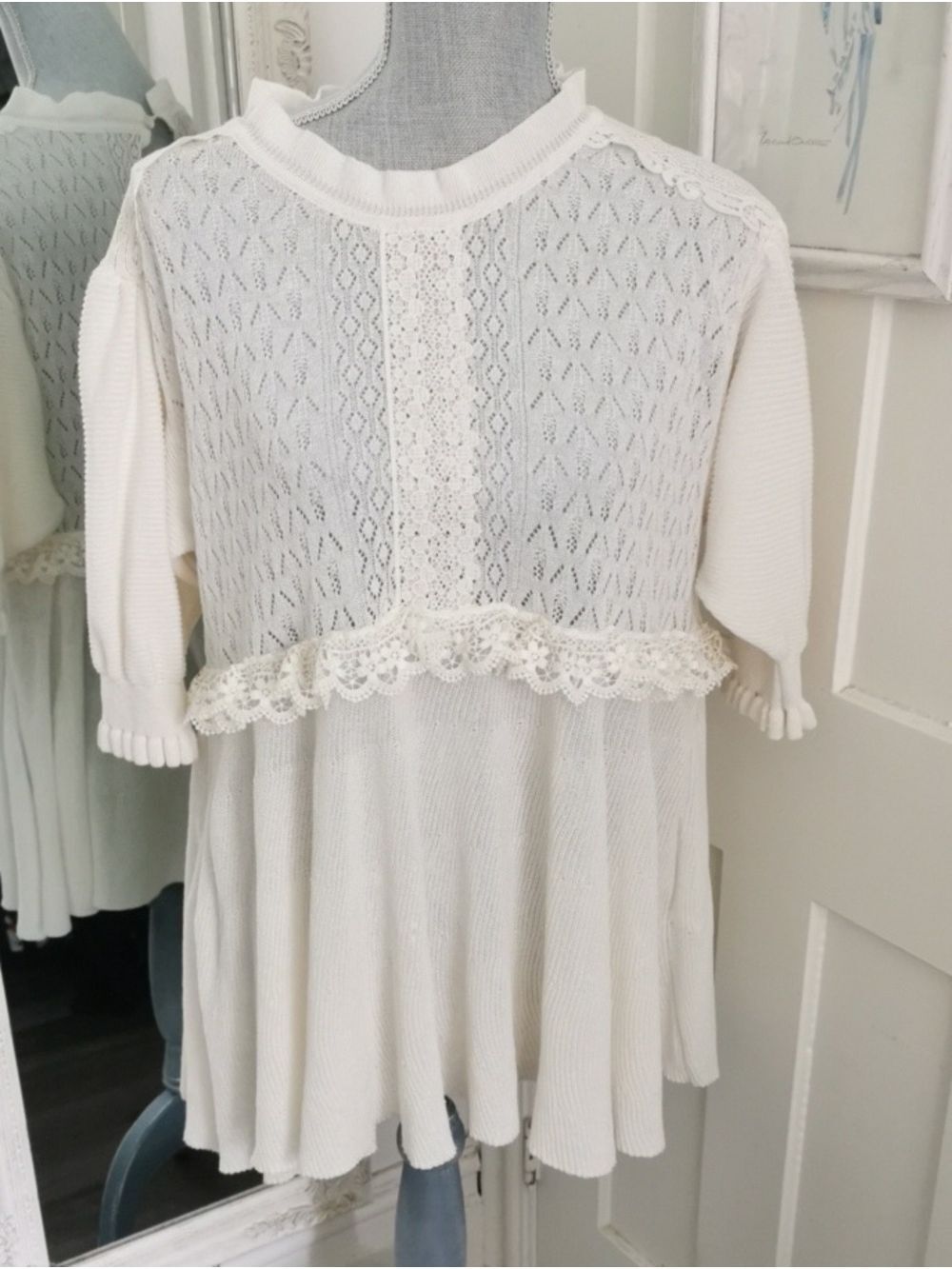 Womens Zara Ivory Cream Lace Knit Romantic Babydoll Tunic Top Dress. Size M - Picture 2 of 7